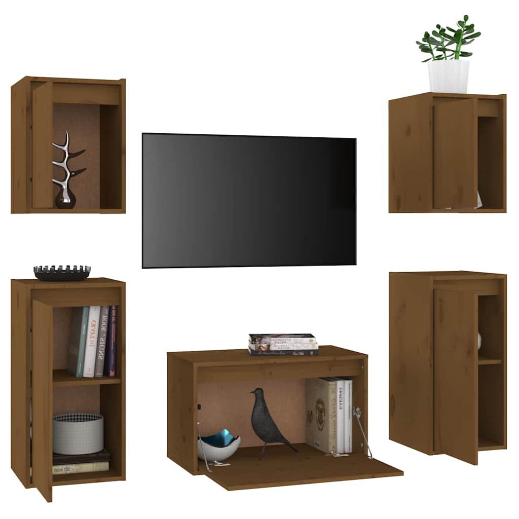 5 Piece TV Cabinet Set Honey Brown Solid Wood Pine