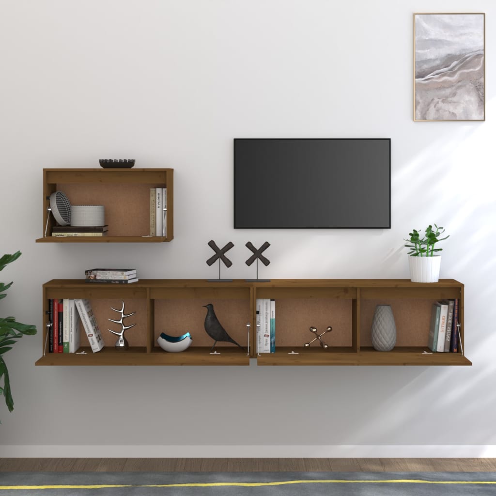 TV Cabinets 3 pcs Honey Brown Solid Wood Pine