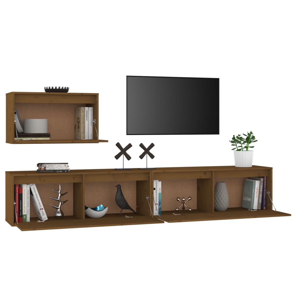 TV Cabinets 3 pcs Honey Brown Solid Wood Pine