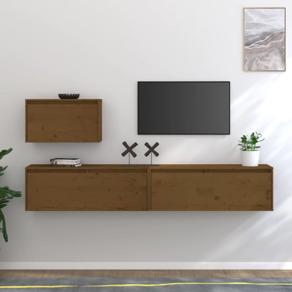 TV Cabinets 3 pcs Honey Brown Solid Wood Pine