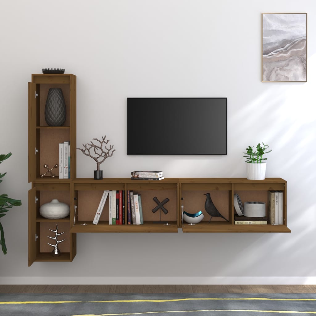 TV Cabinets 4 pcs Honey Brown Solid Wood Pine