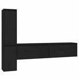 4 Piece TV Cabinet Set Black Solid Wood Pine - Front View