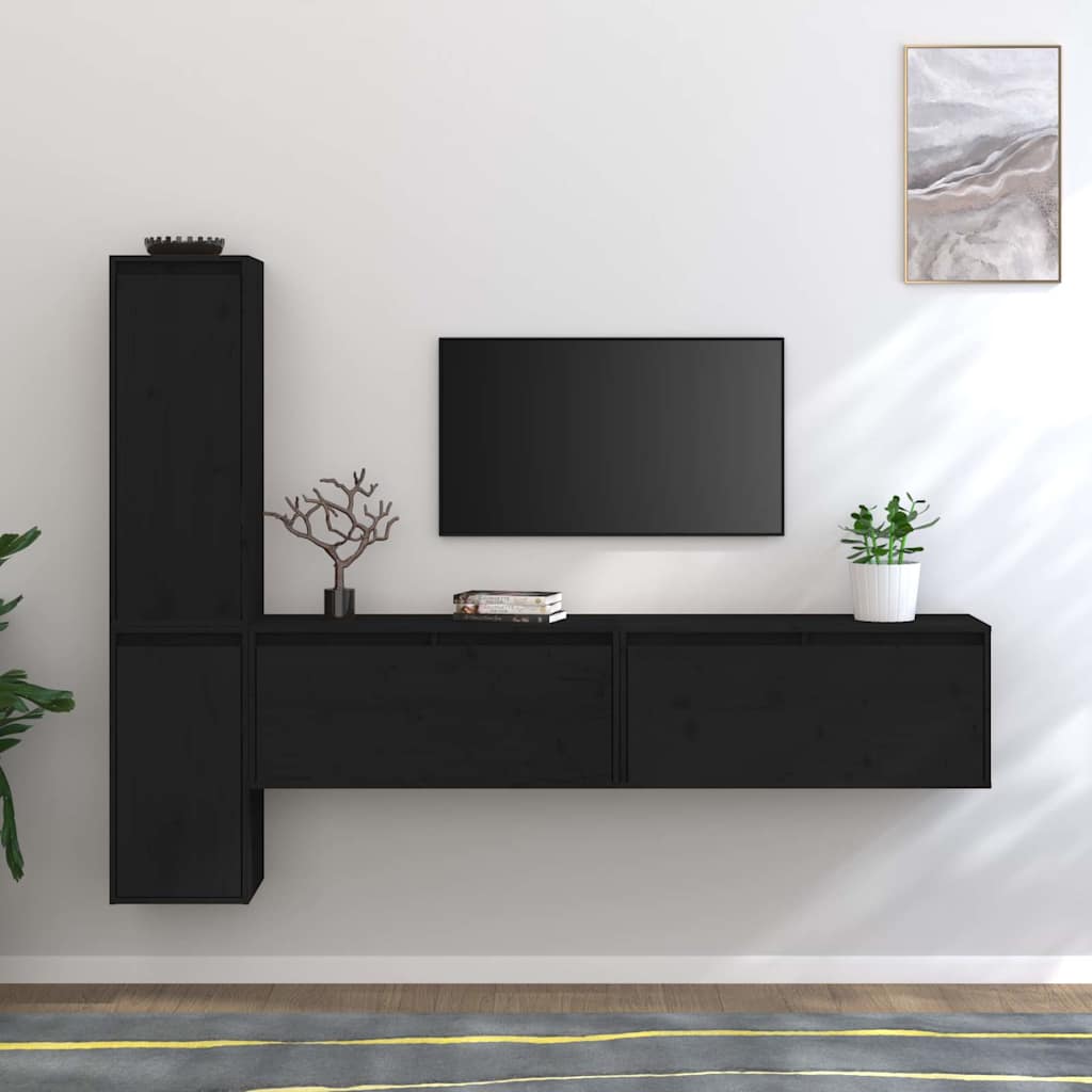 4 Piece TV Cabinet Set Black Solid Wood Pine