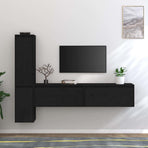 4 Piece TV Cabinet Set Black Solid Wood Pine