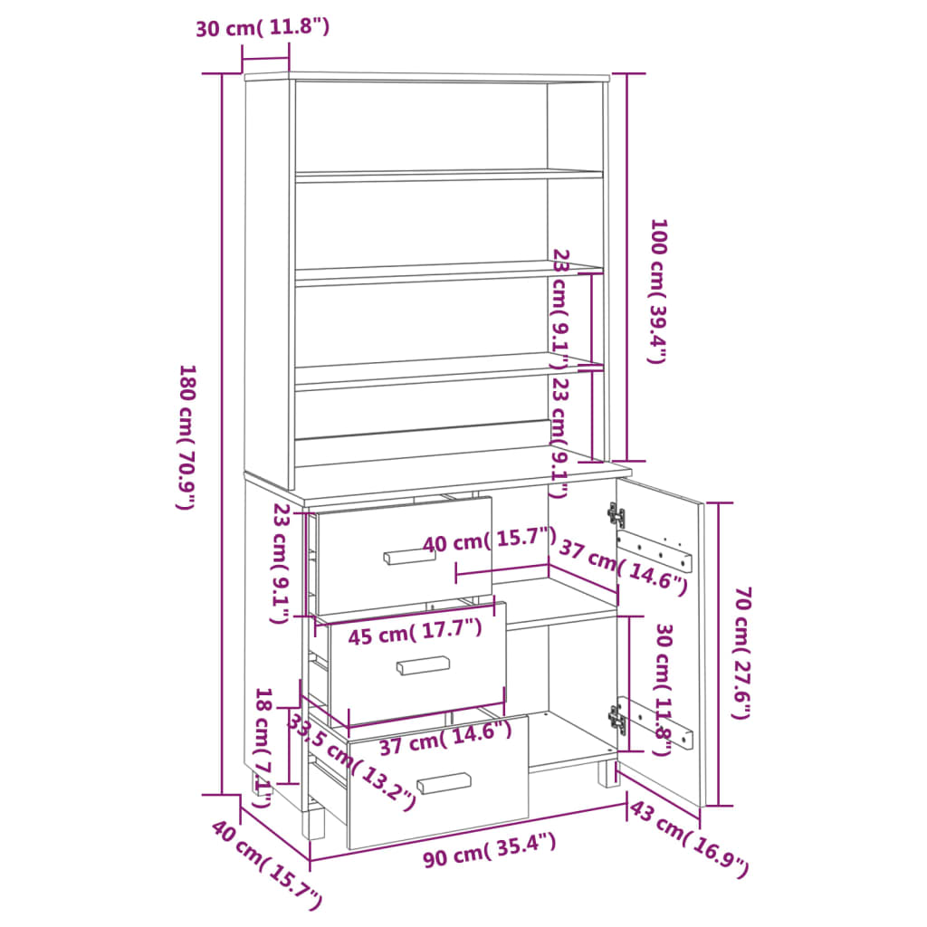 Highboard "HAMAR" Solid Wood Pine Dark Grey