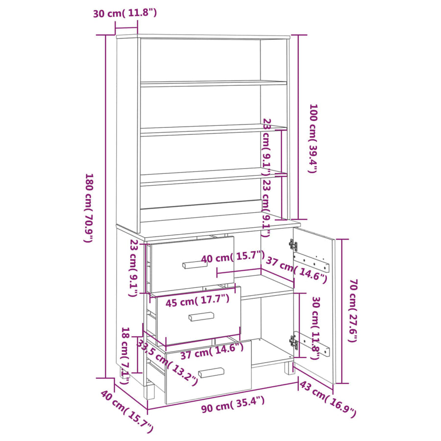 Highboard "HAMAR" Solid Wood Pine Dark Grey