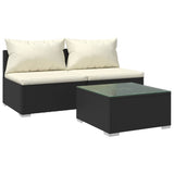 3 Piece Garden Lounge Set with Cushions Poly Rattan Black - Front View