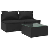 3 Piece Garden Lounge Set with Cushions Poly Rattan Black - Front View
