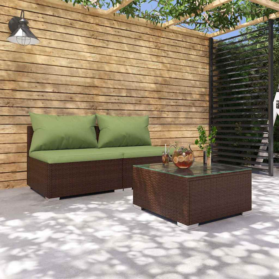 3 Piece Garden Lounge Set with Cushions Poly Rattan Brown