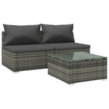 3 Piece Garden Lounge Set with Cushions Poly Rattan Grey - Front View