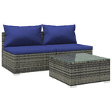 3 Piece Garden Lounge Set with Cushions Poly Rattan Grey - Front View