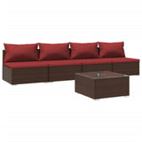 5 Piece Garden Lounge Set with Cushions Poly Rattan Brown - Front View