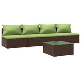 5 Piece Garden Lounge Set with Cushions Poly Rattan Brown - Front View