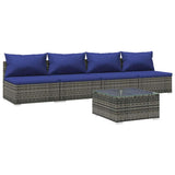 5 Piece Garden Lounge Set with Cushions Poly Rattan Grey - Front View