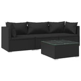 4 Piece Garden Lounge Set with Cushions Poly Rattan Black - Front View