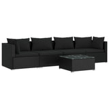 5 Piece Garden Lounge Set with Cushions Poly Rattan Black - Front View