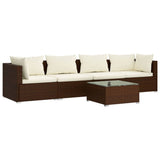 5 Piece Garden Lounge Set with Cushions Poly Rattan Brown - Front View