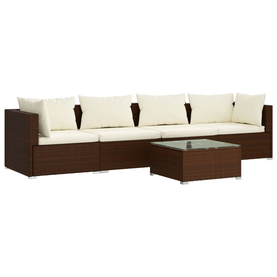 5 Piece Garden Lounge Set with Cushions Poly Rattan Brown