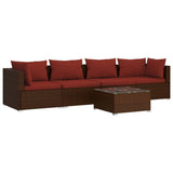5 Piece Garden Lounge Set with Cushions Poly Rattan Brown - Front View