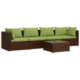 5 Piece Garden Lounge Set with Cushions Poly Rattan Brown - Front View