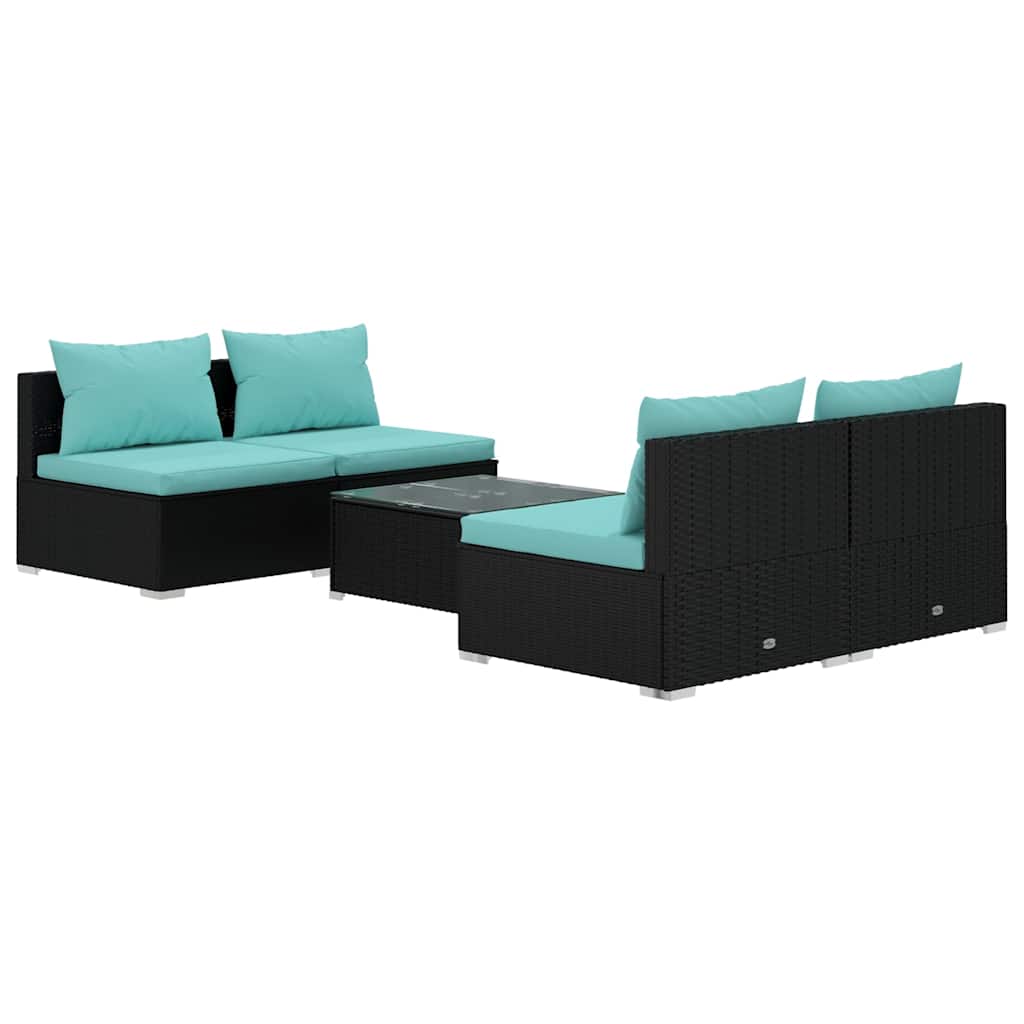 5 Piece Garden Lounge Set with Cushions Poly Rattan Black
