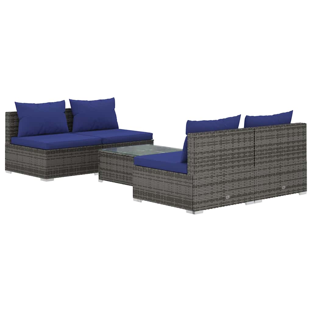 5 Piece Garden Lounge Set with Cushions Poly Rattan Grey