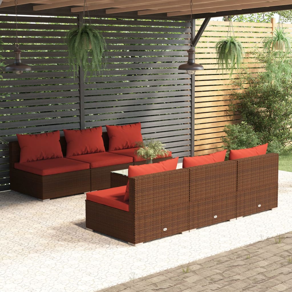 7 Piece Garden Lounge Set with Cushions Poly Rattan Brown