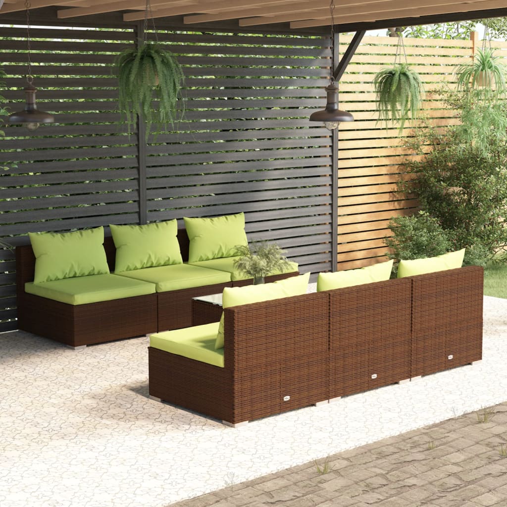 7 Piece Garden Lounge Set with Cushions Poly Rattan Brown
