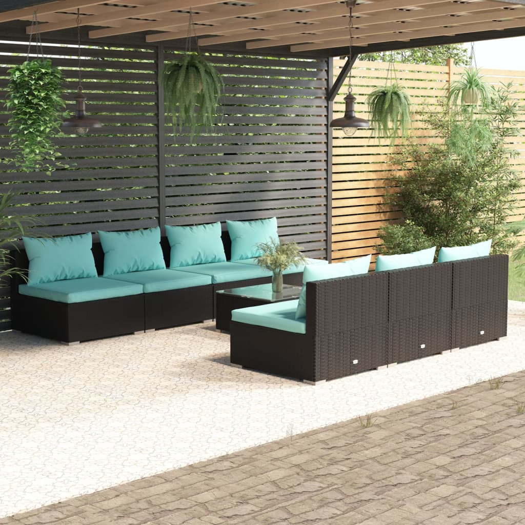 8 Piece Garden Lounge Set with Cushions Poly Rattan Black