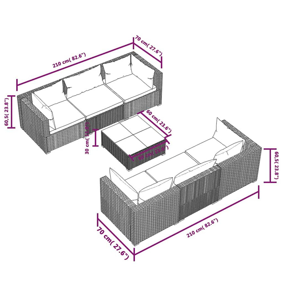 7 Piece Garden Lounge Set with Cushions Poly Rattan Brown