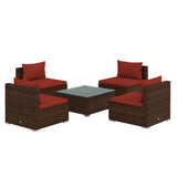 5 Piece Garden Lounge Set with Cushions Poly Rattan Brown - Front View