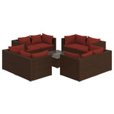 9 Piece Garden Lounge Set with Cushions Poly Rattan Brown - Front View