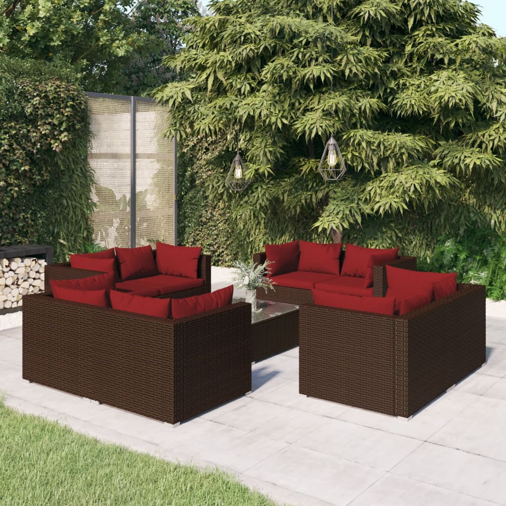 9 Piece Garden Lounge Set with Cushions Poly Rattan Brown