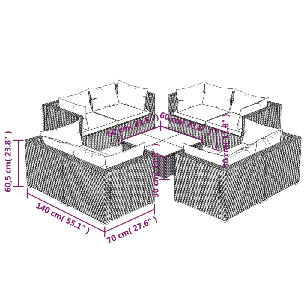 9 Piece Garden Lounge Set with Cushions Poly Rattan Grey
