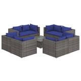 9 Piece Garden Lounge Set with Cushions Poly Rattan Grey - Front View