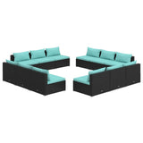 12 Piece Garden Lounge Set with Cushions Poly Rattan Black - Front View