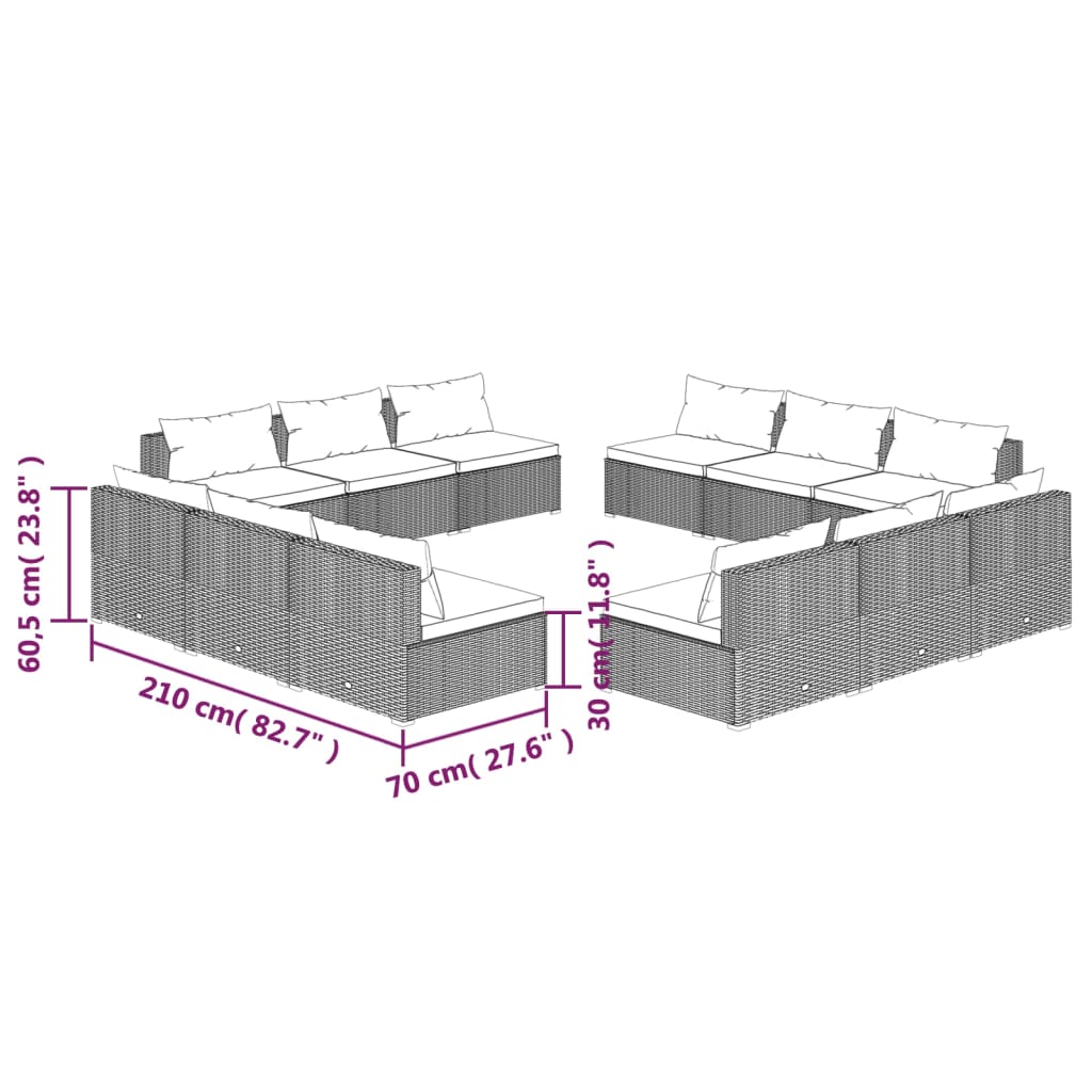 12 Piece Garden Lounge Set with Cushions Poly Rattan Brown