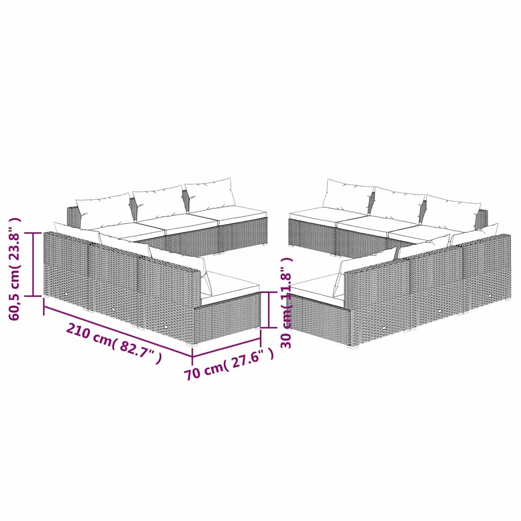 12 Piece Garden Lounge Set with Cushions Poly Rattan Grey
