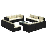 13 Piece Garden Lounge Set with Cushions Poly Rattan Black - Front View