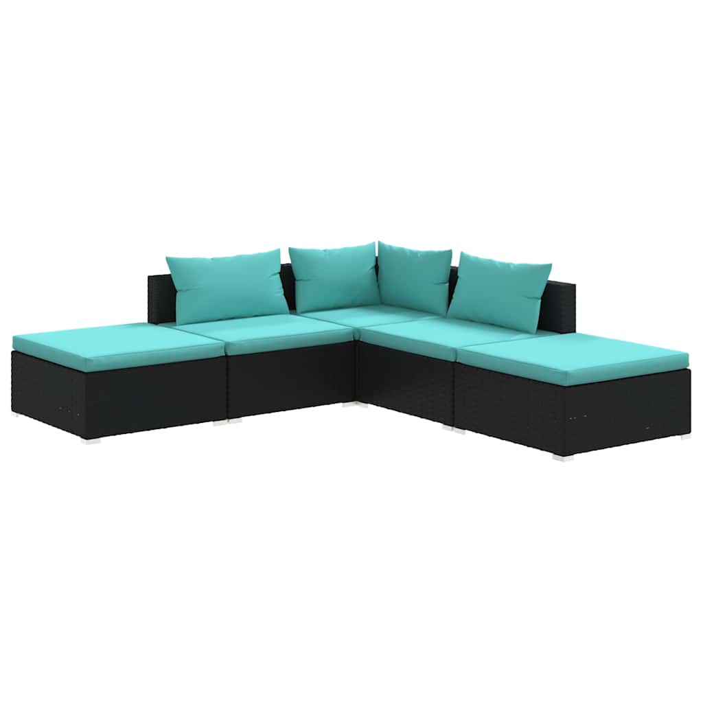 5 Piece Garden Lounge Set with Cushions Poly Rattan Black