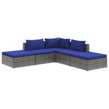 5 Piece Garden Lounge Set with Cushions Poly Rattan Grey - Front View