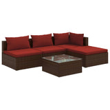 5 Piece Garden Lounge Set with Cushions Poly Rattan Brown - Front View