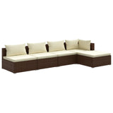 5 Piece Garden Lounge Set with Cushions Poly Rattan Brown - Front View