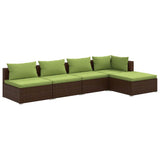 5 Piece Garden Lounge Set with Cushions Poly Rattan Brown - Front View