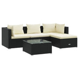5 Piece Garden Lounge Set with Cushions Poly Rattan Black - Front View