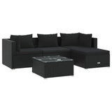 5 Piece Garden Lounge Set with Cushions Poly Rattan Black - Front View
