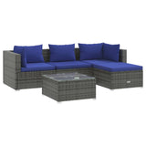 5 Piece Garden Lounge Set with Cushions Poly Rattan Grey - Front View