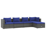 5 Piece Garden Lounge Set with Cushions Poly Rattan Grey - Front View