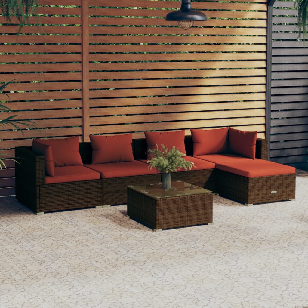 6 Piece Garden Lounge Set with Cushions Poly Rattan Brown