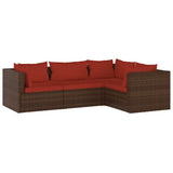 4 Piece Garden Lounge Set with Cushions Poly Rattan Brown - Front View